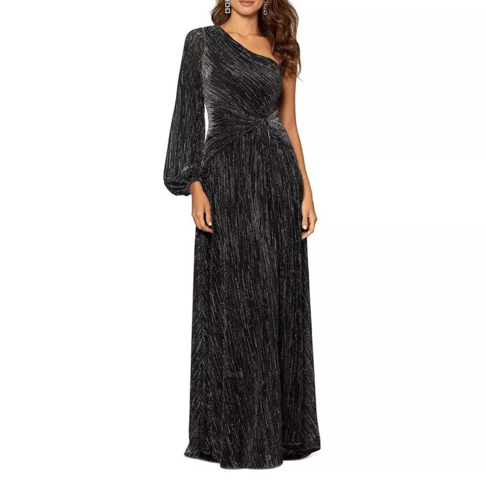 Betsy & Adam Womens Black Metallic One Shoulder Evening Dress Gown 10 BHFO 3561